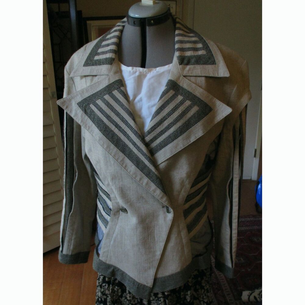 IIF Linen Blend Jacket Sheer Tulle Mesh Striped Openwork Made USA Art to Wear L